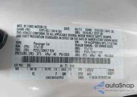 2015 Ford C-Max Hybrid Sel из США, поврежденный, VIN 1FADP5BU3FL112198